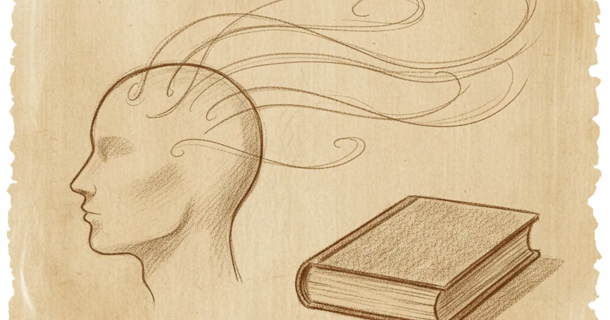 Chalk sketch of a head producing thoughts beside a closed book, illustrating retrieval practice