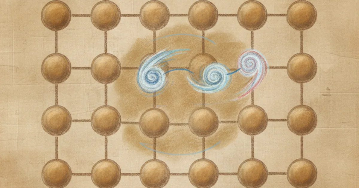 Chalk sketch of two electrons paired via lattice distortion (phonon-mediated attraction)