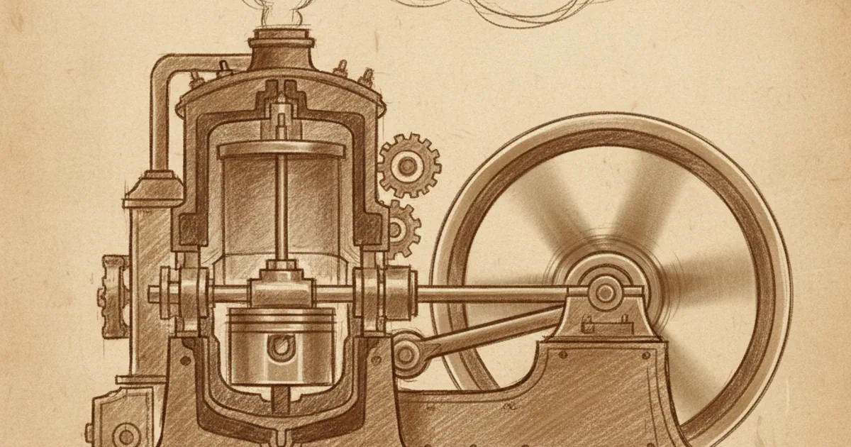 Chalk sketch of a steam engine cross-section illustrating a heat engine cycle