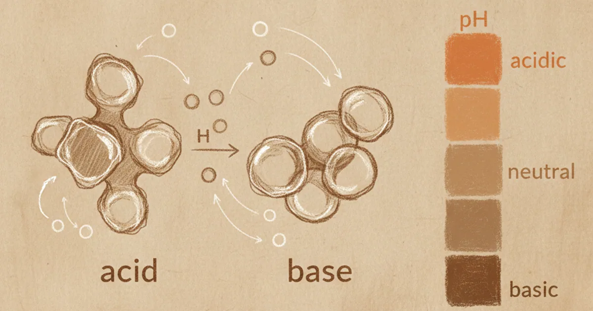 Chalk sketch of acid-base reaction with hydrogen ion transfer and pH scale