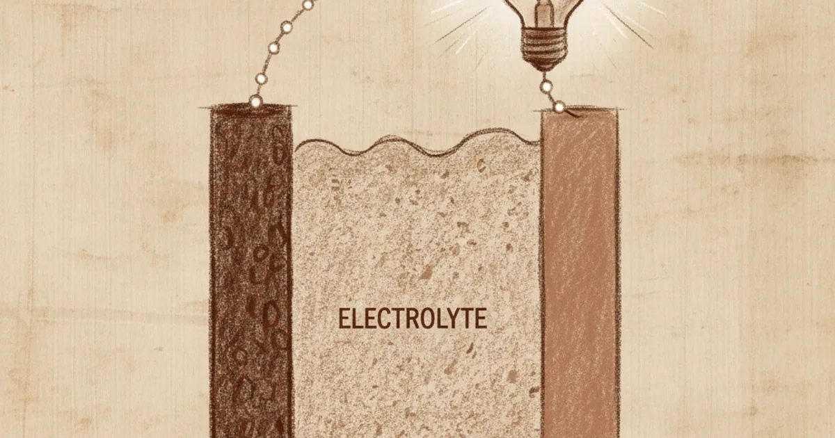 Chalk sketch of a battery cross-section with electrons flowing externally