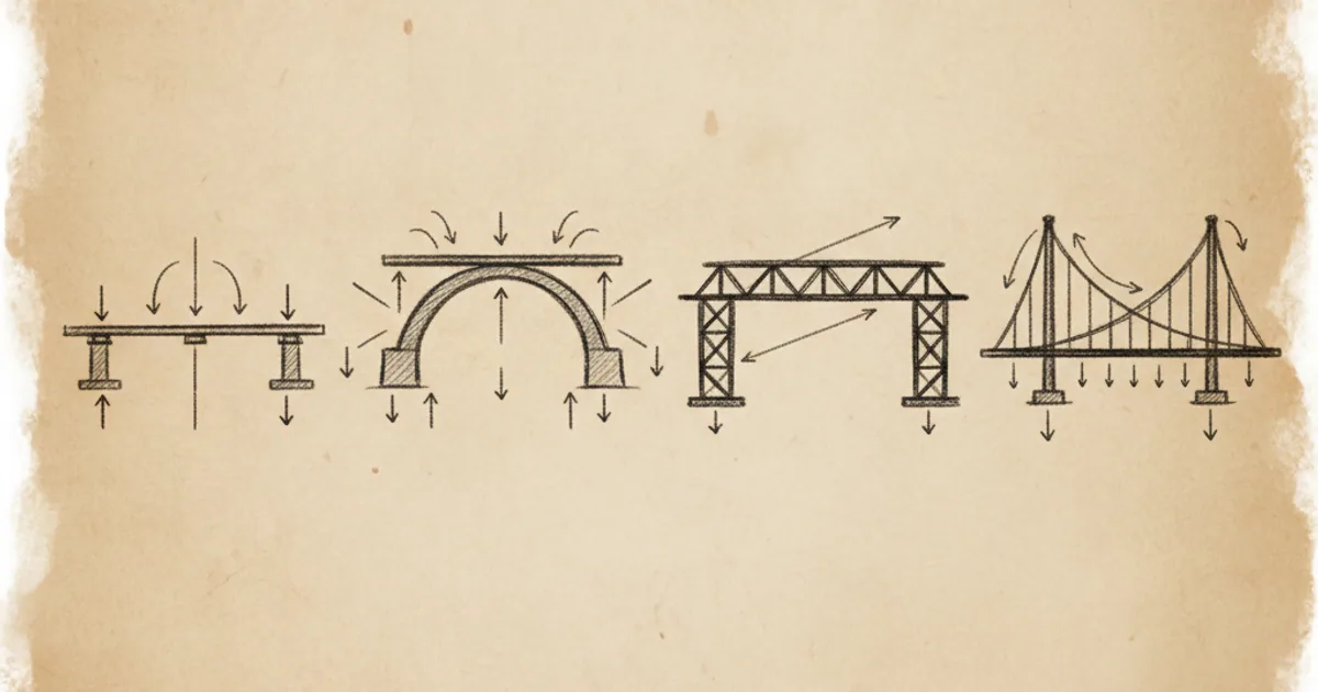 Chalk sketch comparing four bridge types with force flow arrows