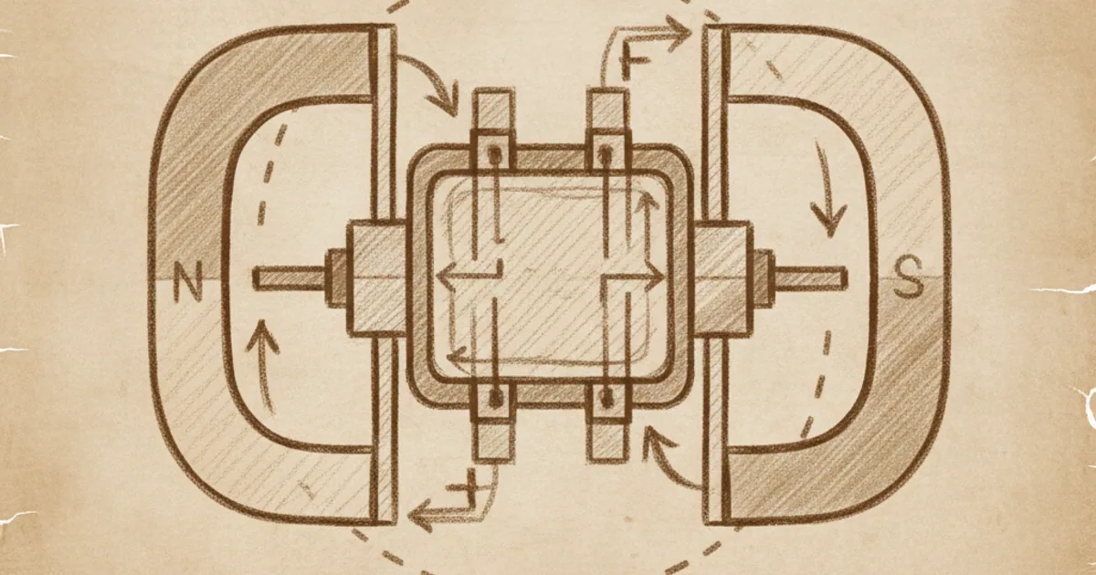 Chalk sketch cross-section of an electric motor with coil rotating between magnets