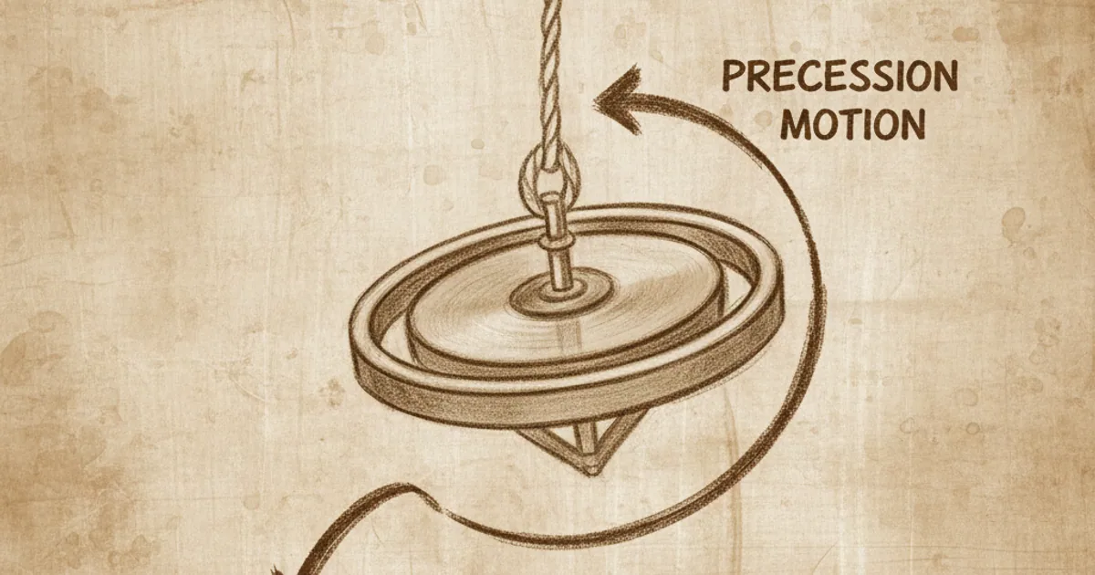 Chalk sketch of a precessing gyroscope with torque and motion arrows