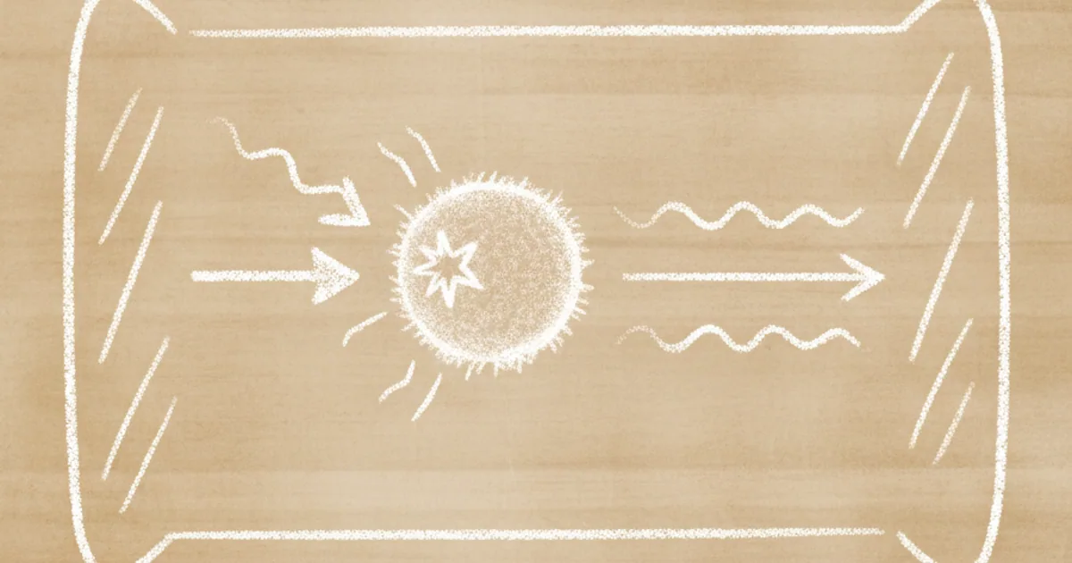 Chalk sketch of stimulated emission and a laser cavity