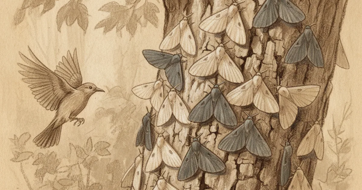 Chalk sketch of moths of varying color on a tree with a predator