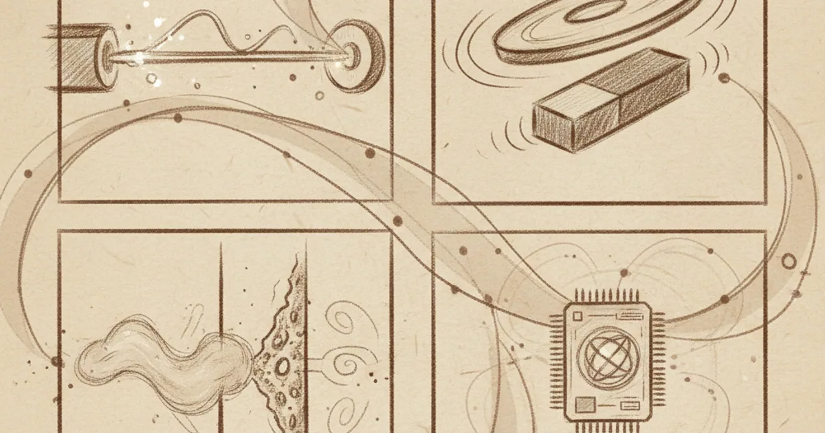 Chalk sketch of four quantum technologies — laser, tunneling, superconductor, qubit