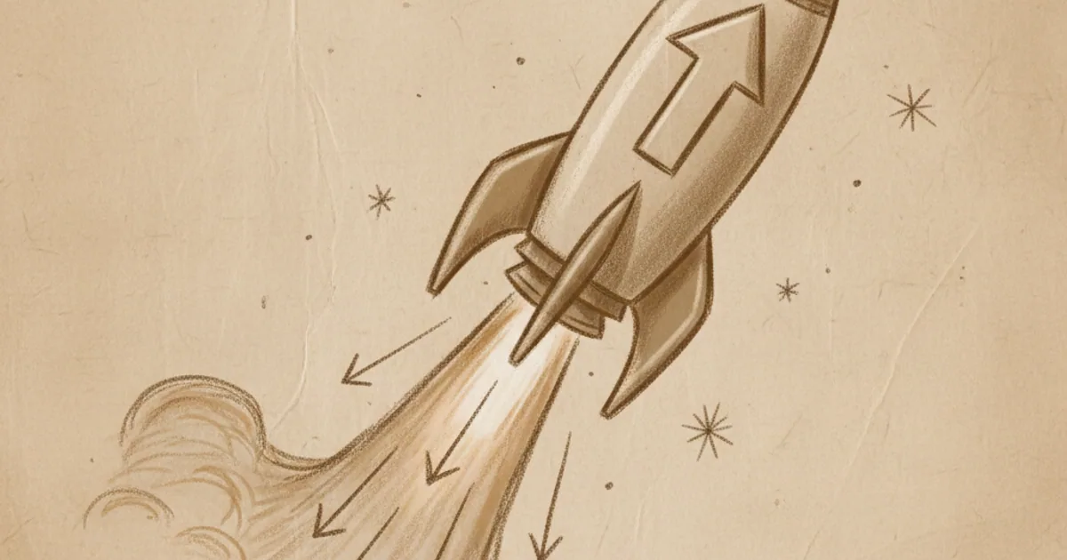 Chalk sketch of a rocket throwing exhaust downward while an arrow shows the rocket pushed upward in return