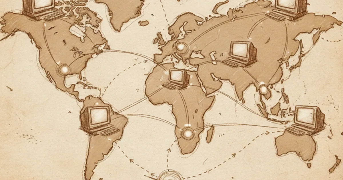 Chalk sketch of devices connected globally through routers with data packets