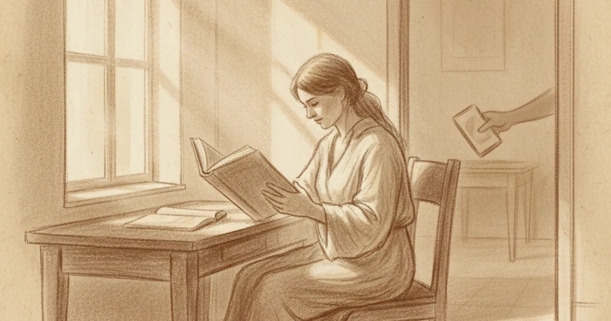 Chalk sketch of focused reading with phone removed from the environment