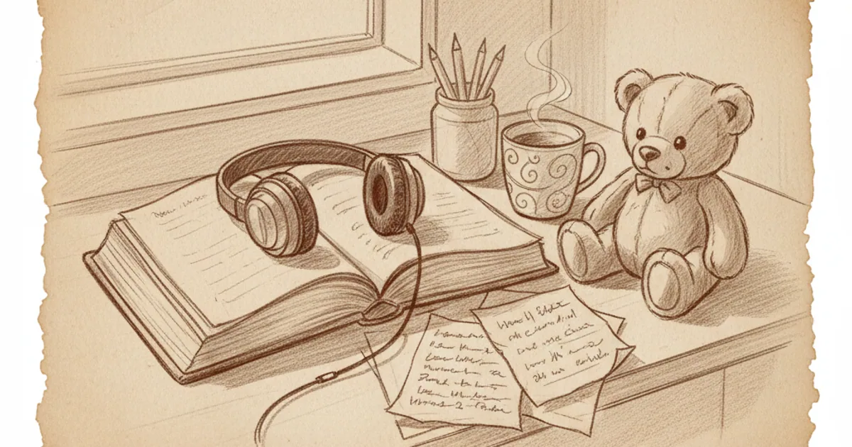 Chalk sketch of a study desk with a book, notes, headphones, and a small teddy bear