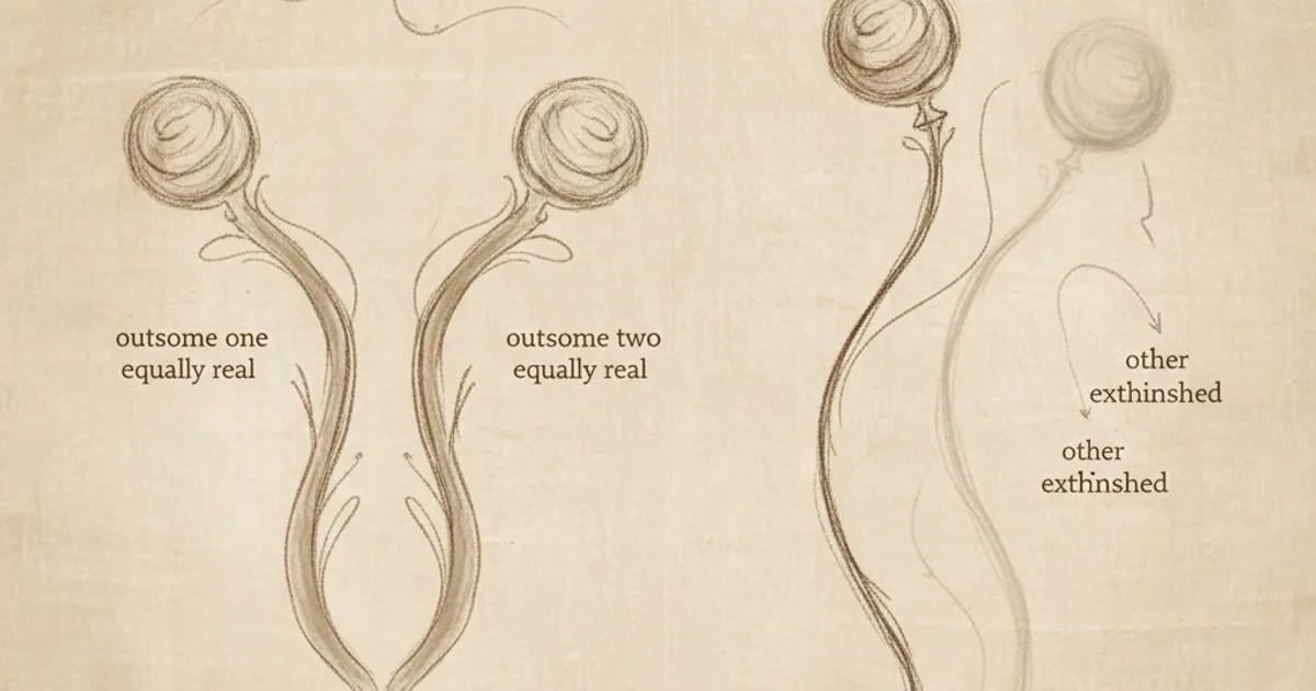 Chalk sketch comparing many-worlds branching vs Copenhagen collapse