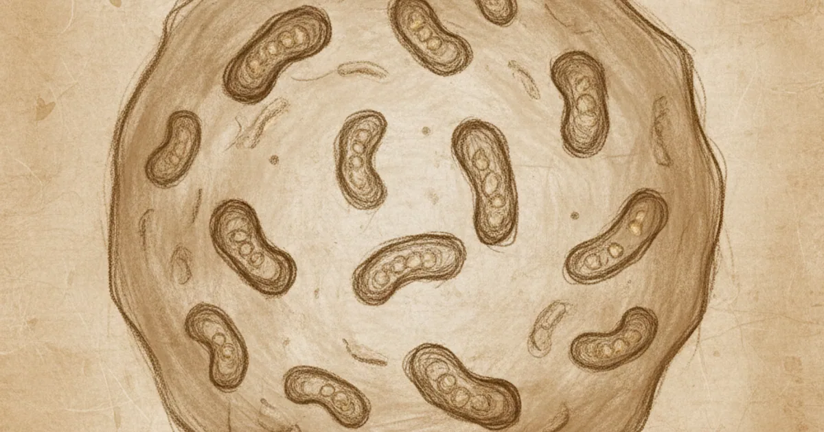 Chalk sketch of a cell containing mitochondria that look like bacteria