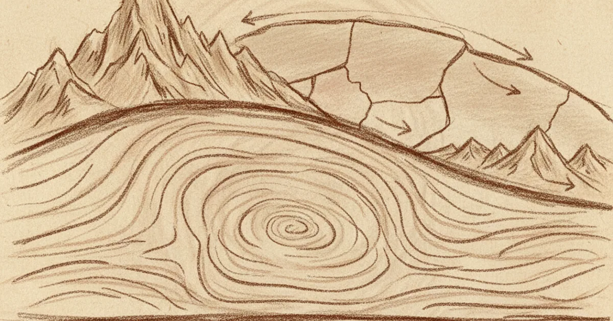 Chalk sketch of Earth's interior showing plates and convection