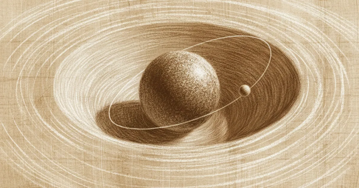Chalk sketch of curved spacetime with masses warping the fabric