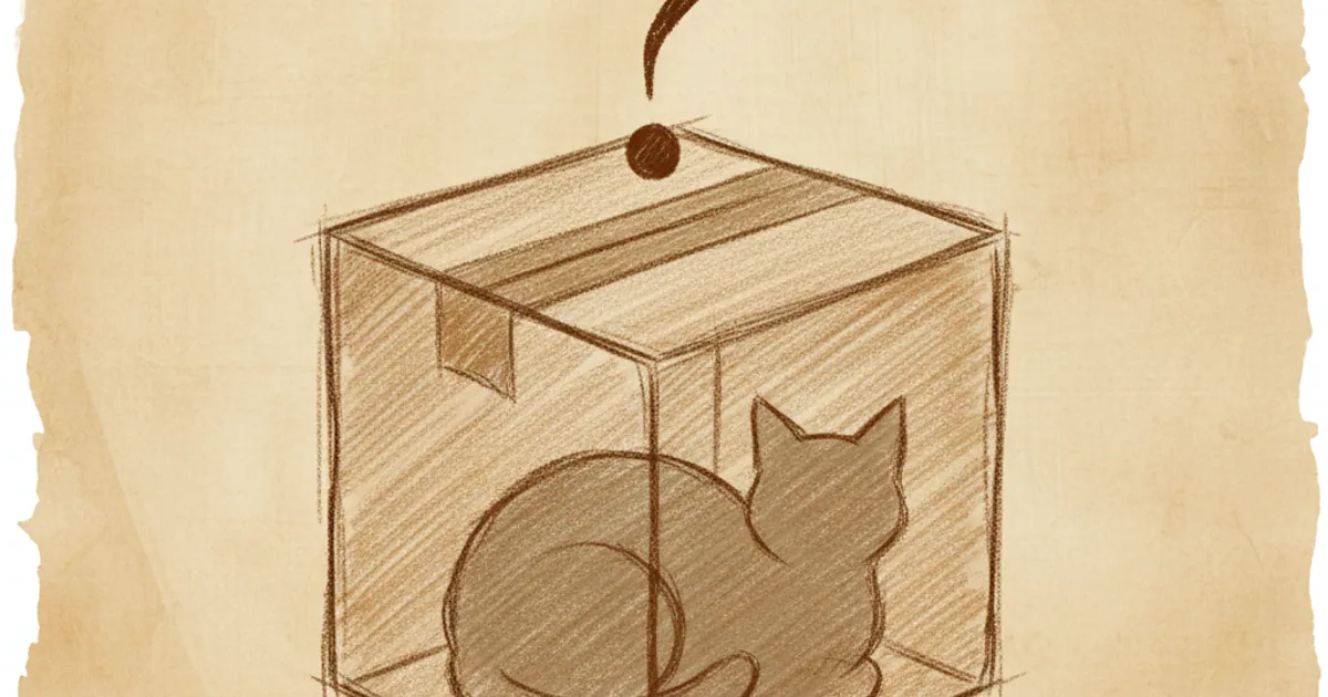 Chalk sketch of a closed box with a question mark, illustrating Schrödinger's cat thought experiment