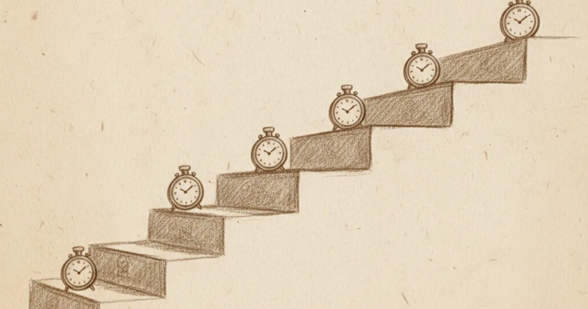 Chalk sketch of stairs with clocks on each step, illustrating spaced review intervals