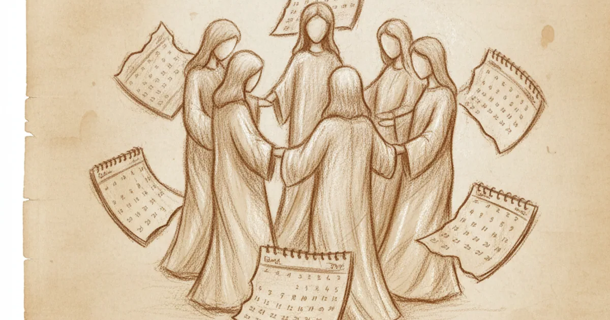 Chalk sketch of people in a circle with calendars between them