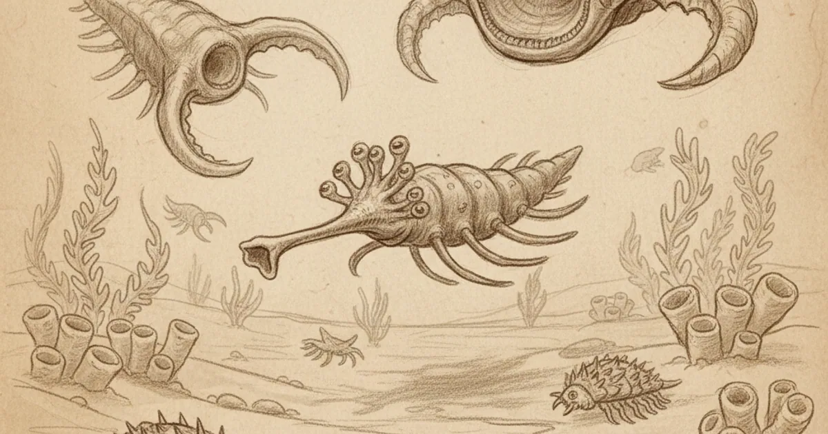 Chalk sketch of bizarre Cambrian sea creatures on the ancient ocean floor