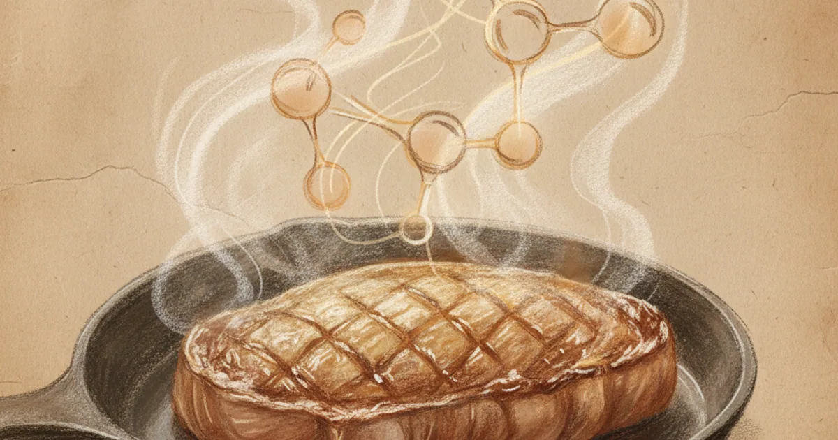 Chalk sketch of steak searing with molecule diagram above