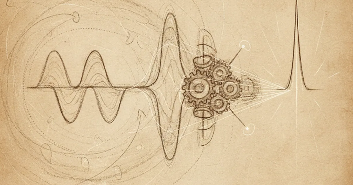 Chalk sketch of a wavefunction before, during, and after measurement