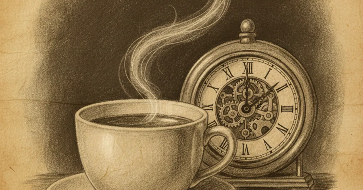 Chalk sketch of a steaming cup, clock, and rising smoke representing thermodynamics
