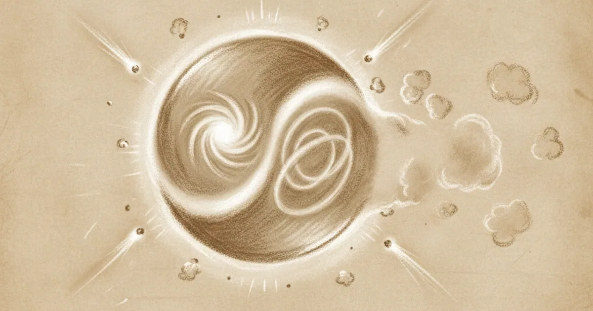 Chalk sketch of a quantum superposition decohering through environmental interaction