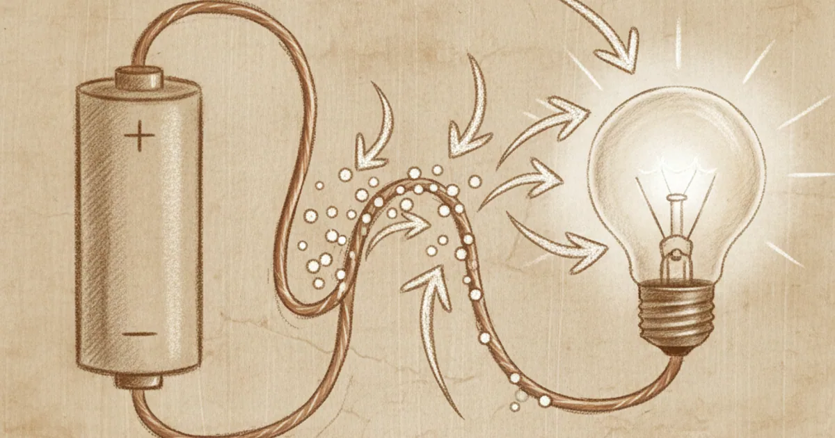 Chalk sketch of electrons flowing through a wire from battery to lightbulb