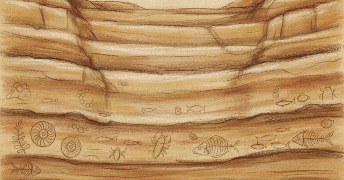 Chalk sketch of layered rock cliff showing fossils at different depths