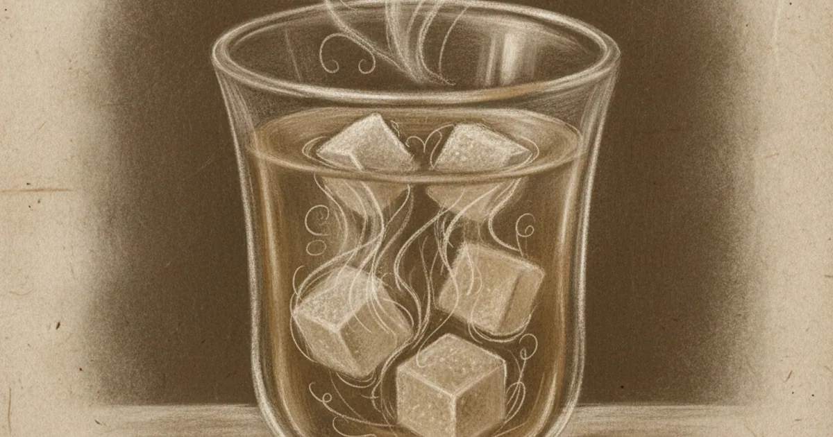 Chalk sketch of sugar cubes dissolving in tea, illustrating entropy