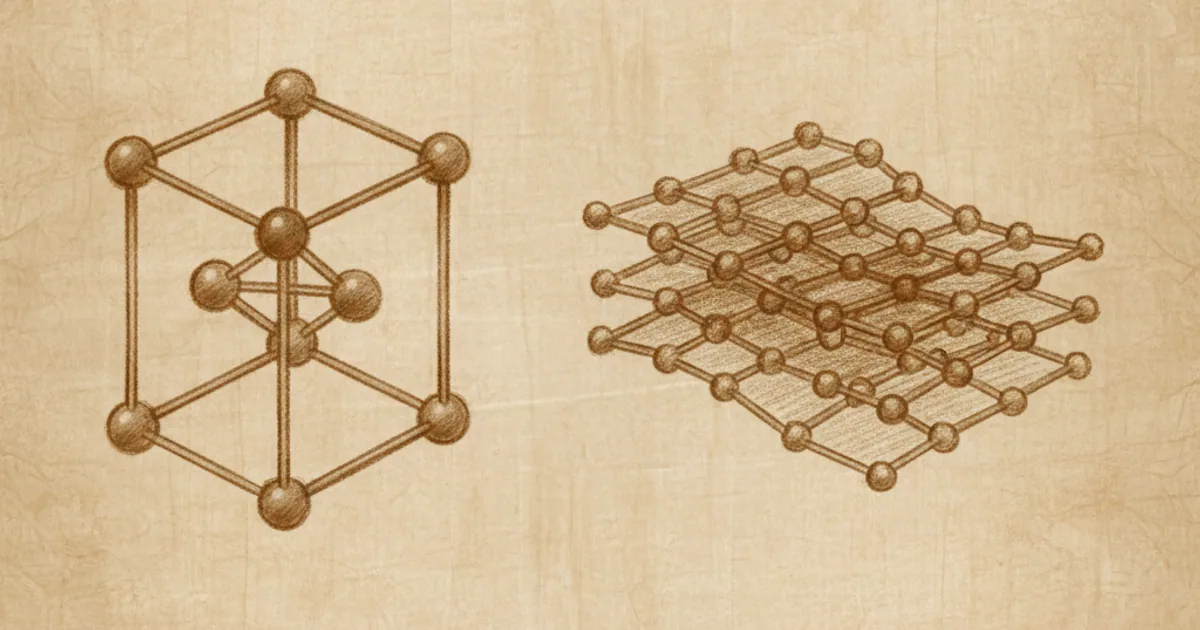 Chalk sketch contrasting a rigid three-dimensional tetrahedral carbon cage with flat stacked sheets