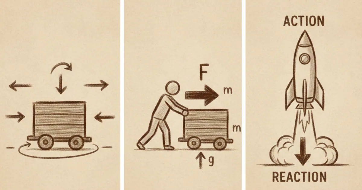 Chalk sketch illustrating Newton's three laws of motion