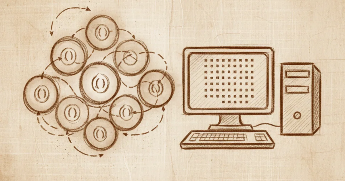 Chalk sketch of a quantum chip with qubits and entanglement, next to a classical computer