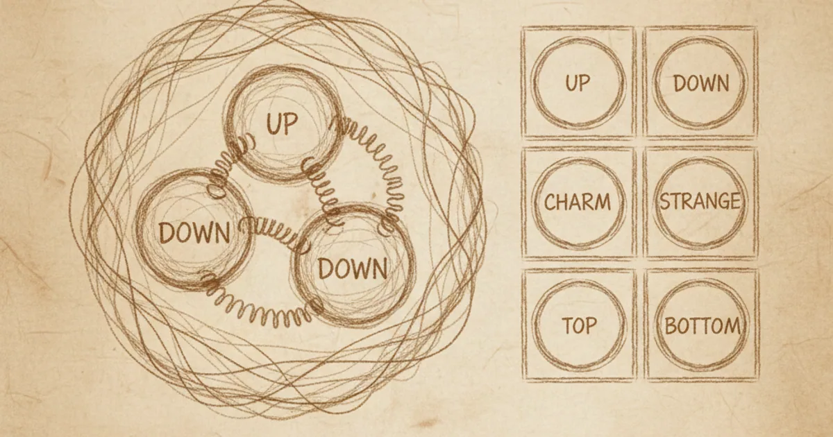 Chalk sketch of proton with three quarks bound by gluons, with the six quark flavors