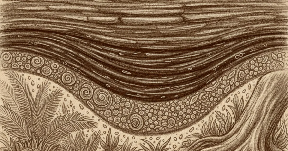Chalk sketch of ancient organic matter being buried and compressed into fossil fuels