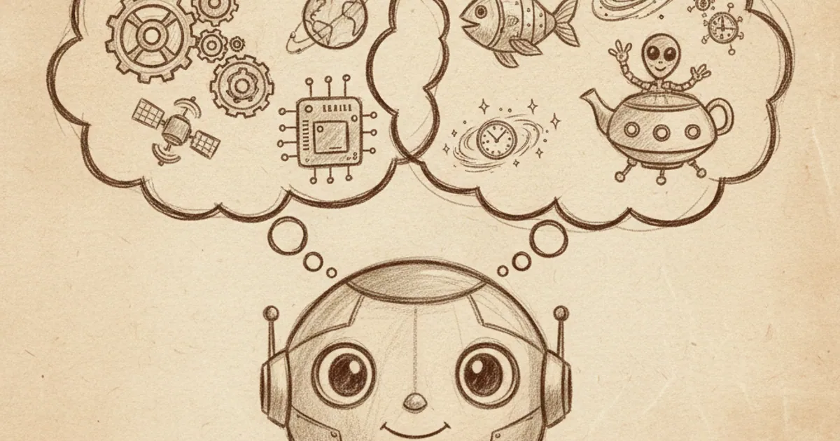 Chalk sketch of an AI robot with mixed real and imagined thought bubbles