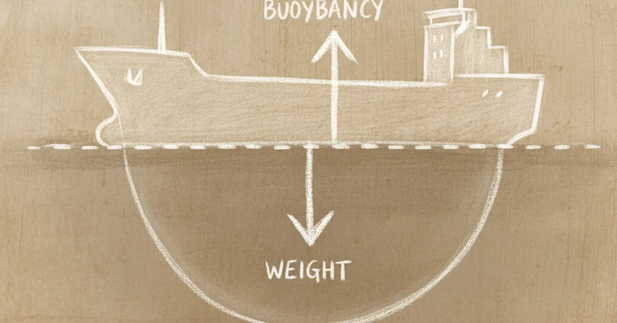 Chalk sketch of a ship's hull at the waterline with arrows showing weight down and buoyancy up from the displaced water