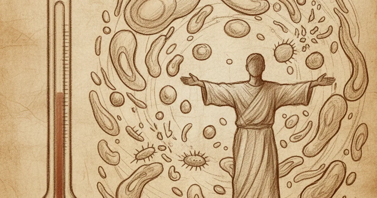 Chalk sketch of body with rising thermometer and active immune response