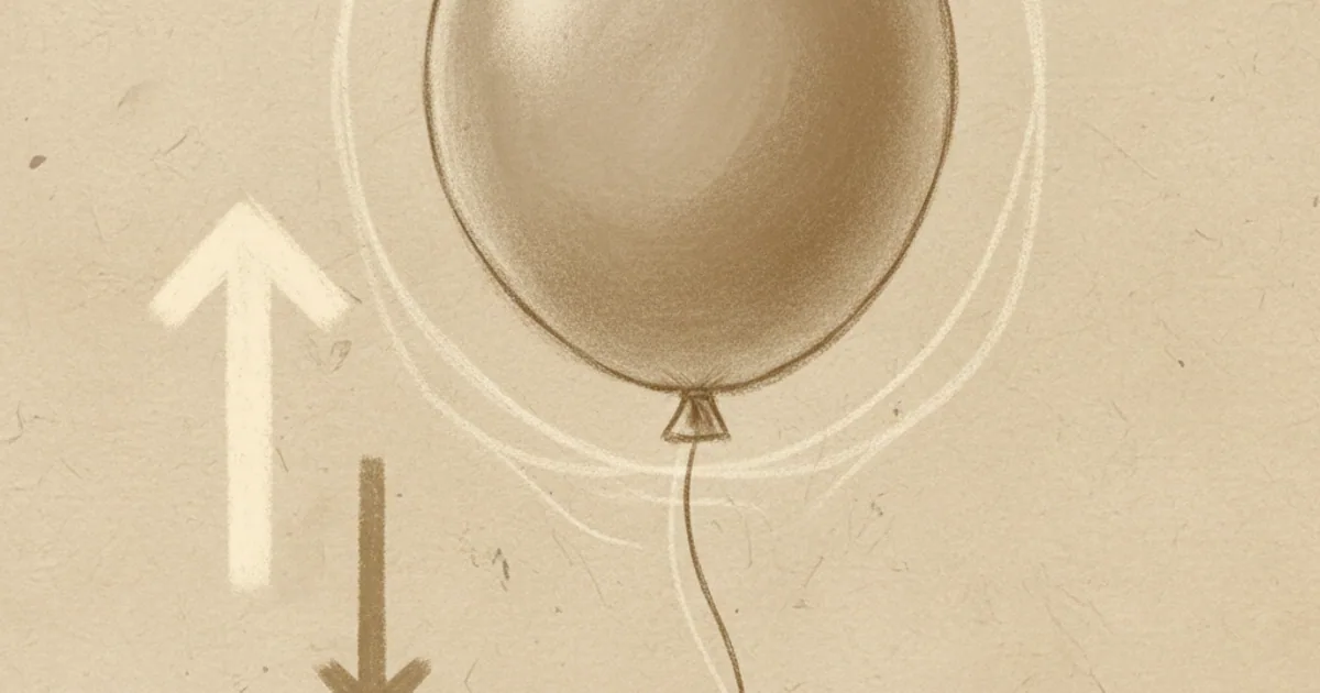 Chalk sketch of a helium balloon rising with arrows showing a large upward buoyant force and a small downward weight