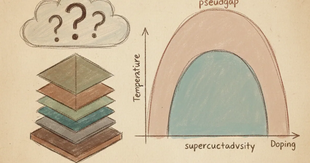 Chalk sketch of cuprate crystal structure and phase diagram with unsolved regions