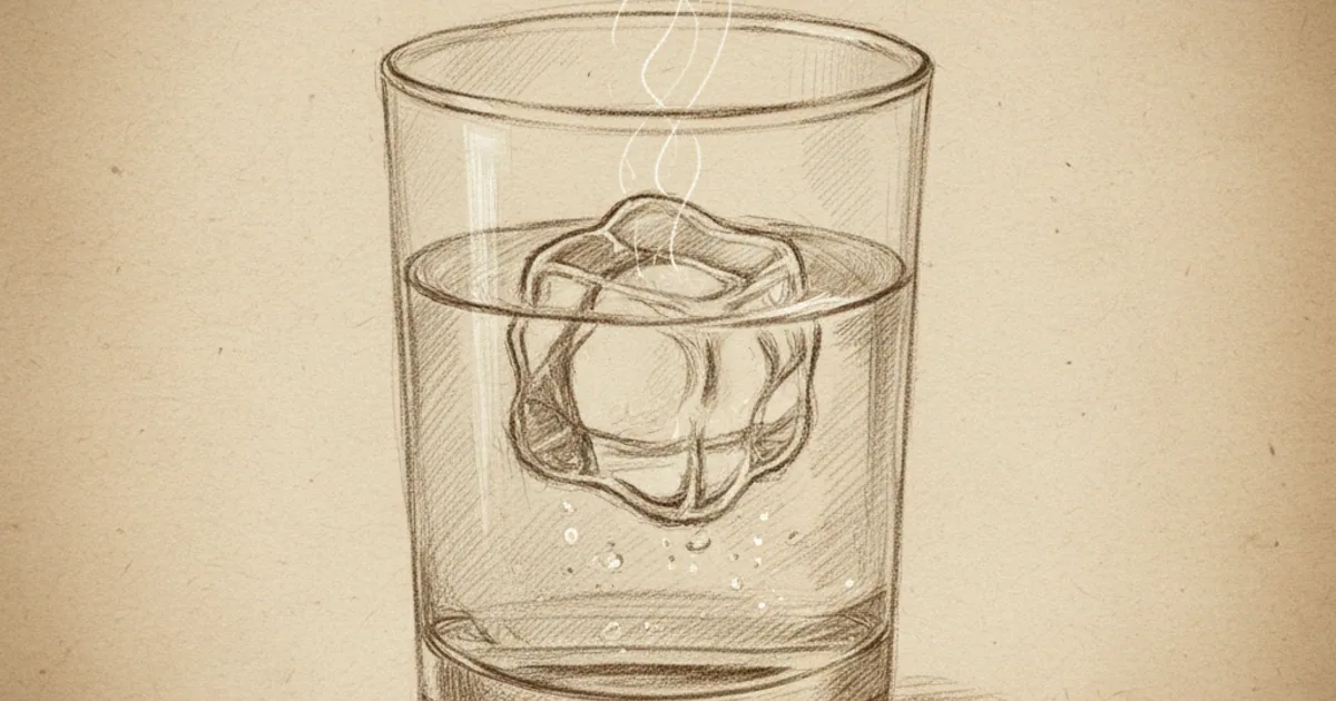 Chalk sketch of an ice cube floating in water, illustrating water's density anomaly