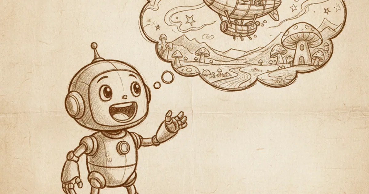 Chalk sketch of a small robot speaking with a question mark thought bubble