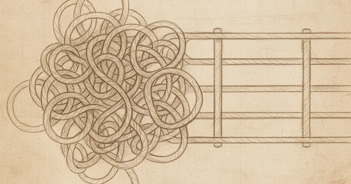 Chalk sketch of tangled curly polymer chains relaxed in a clump and then pulled straight and parallel with cross-link rungs
