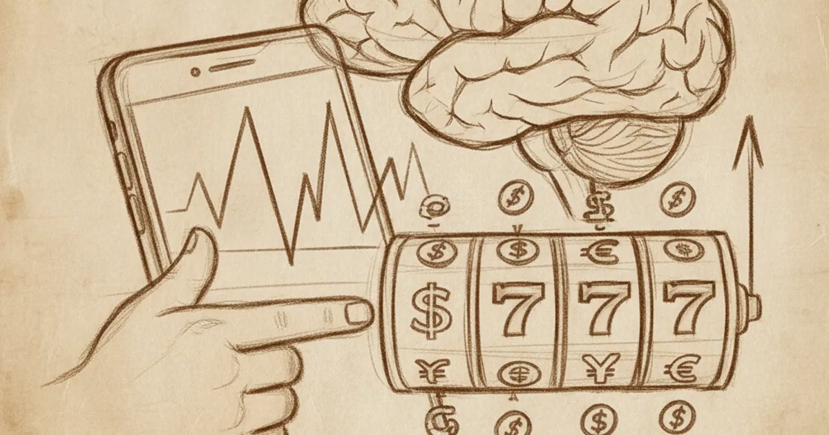 Chalk sketch comparing infinite scroll to slot machine reels with brain dopamine response