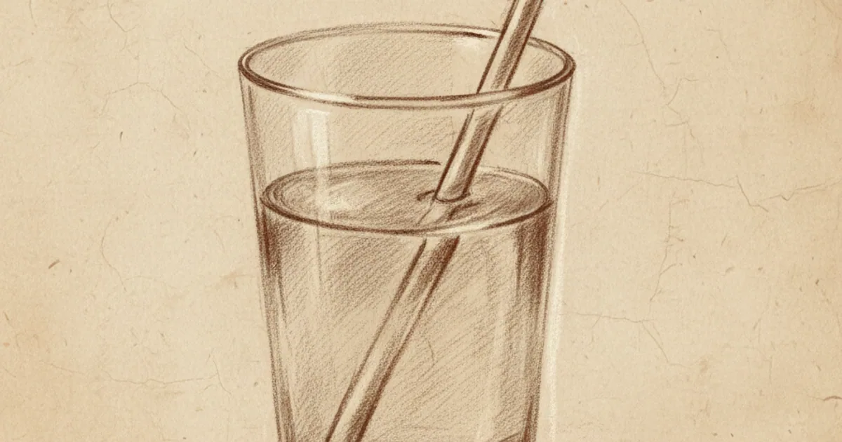 Chalk sketch of a glass of water with a straw apparently bent at the water surface