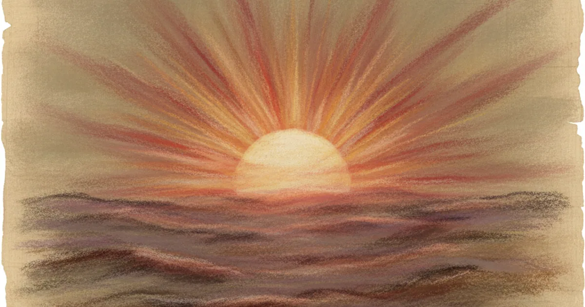 Chalk sketch of a setting sun with long rays cutting through thick atmosphere