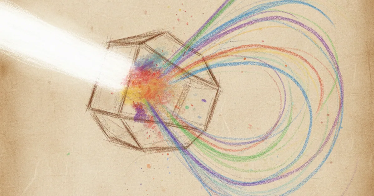 Chalk sketch of white light hitting an object with selective absorption and reflection