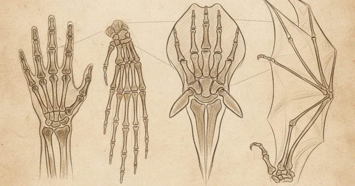 Chalk sketch comparing pentadactyl limbs across human, bird, whale, and bat